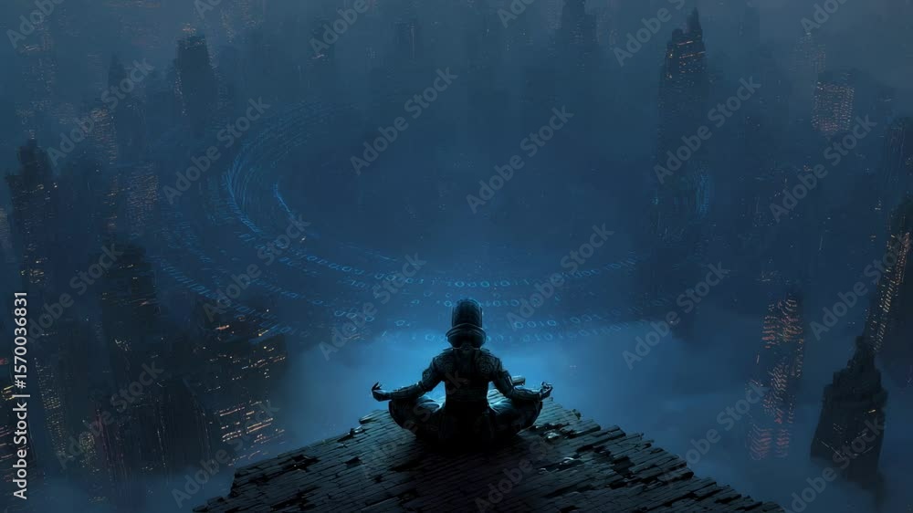 Poster lone figure meditates on a rooftop, surrounded by a swirling vortex of binary code, symbolizing the 