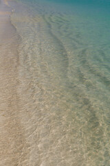 Gentle waves lap against a serene sandy beach under clear blue skies in a tropical paradise at midday