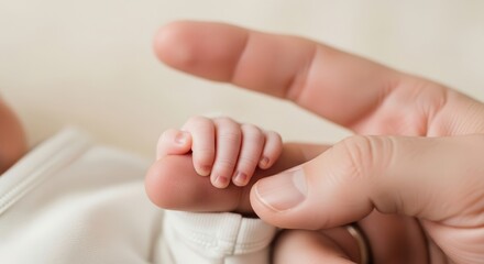 A new father's finger being held by a newborn baby's hand