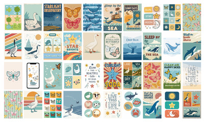 Mega Collection of Retro Graphic Design Posters with Inspirational Quotes isolated on transparent background