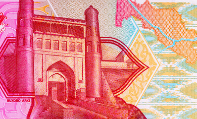 2000 Som, Uzbekistan, with the image of Bukhara Arch. caravan routes on map of Uzbekistan. Money of...