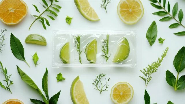 Frozen lime wedges in plastic tray, surrounded by citrus slices & herbs