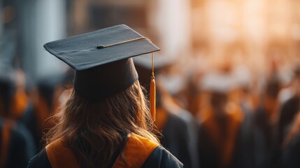 A graduate in a cap and gown stands among a crowd at a graduation ceremony, facing the stage in warm, golden light