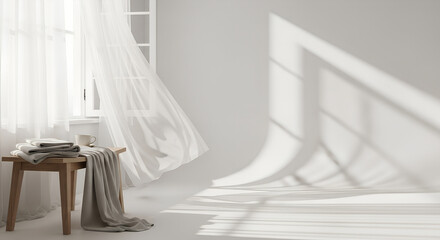 Soft sheer curtains billowing gently in the sunlight creating beautiful shadows on the wall