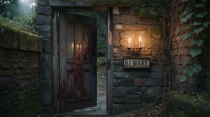 Bloodstained Doorway Beware Sign Ancient Stone Gate
