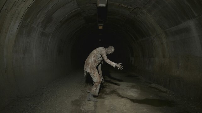 Decaying Figure in a Dark Tunnel, Reaching Out - Powered by Adobe