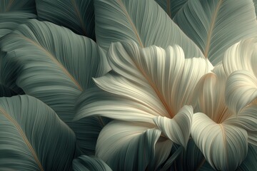 Lush green tropical leaves with elegant white flower petals in a serene close-up composition