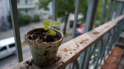 A small plant in a pot sits on a balcony railing with a blurred urban background behind it
