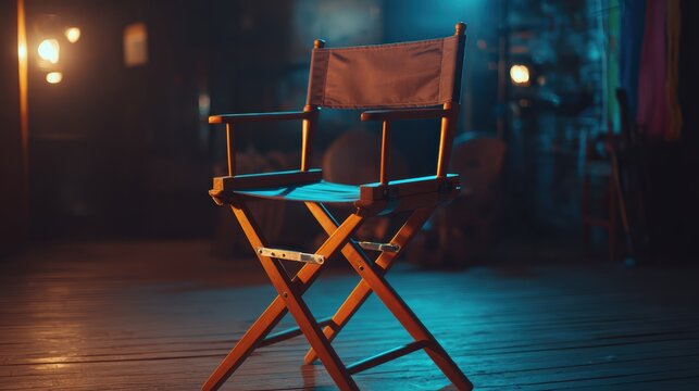 A director's chair on a wooden floor, illuminated by dramatic studio lighting in a cinematic set environment