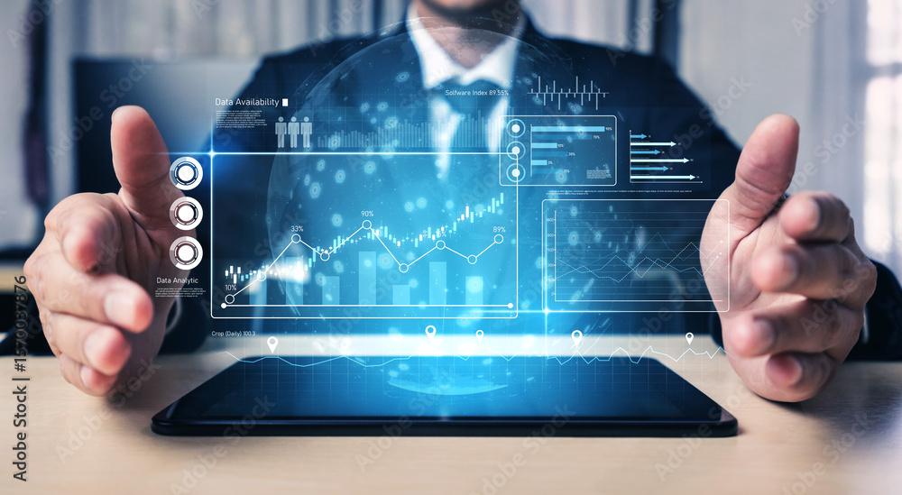 Poster high-tech data visualization dashboard for analytics and performance tracking, including data visual