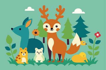 Naklejka premium Whimsical Woodland Animals with Forest Elements