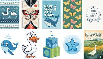 Vintage Poster Collection with Nature and Animal Illustrations isolated on transparent background