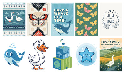 Vintage Poster Collection with Nature and Animal Illustrations isolated on transparent background