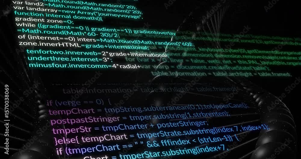 Poster opening code snippet scrolling code while rotating helix glowing lines showing code flow