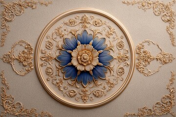 Intricate floral ceiling design showcasing ornate details in elegant blue and gold colors