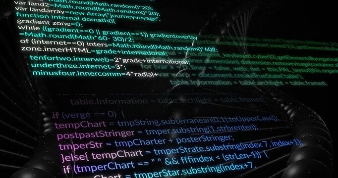 Opening code snippet scrolling code while rotating helix glowing lines showing code flow