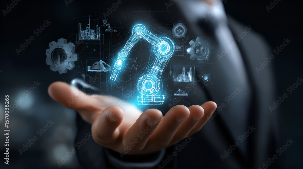 Poster robotic automation in business: a businessman's hand presenting a holographic robotic arm, symbolizi