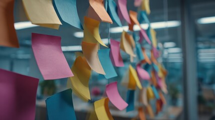 Fototapeta premium Colorful sticky notes cover a glass wall in an office, suggesting brainstorming, planning, or creative collaboration in a modern workspace