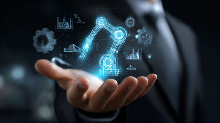 Robotic Automation in Business: A businessman's hand presenting a holographic robotic arm, symbolizing advanced automation and innovative technologies in the modern business world.