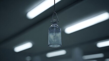 A clear glass bottle drip suspended from a metal hanger under bright fluorescent lights indoors