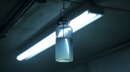 A glass jar filled with liquid hangs from the ceiling under a fluorescent light fixture