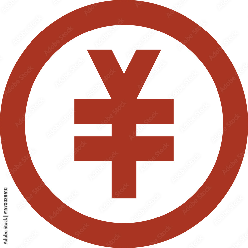 Poster illustration of a yen or yuan symbol inside a red circle on a white background in a simple design