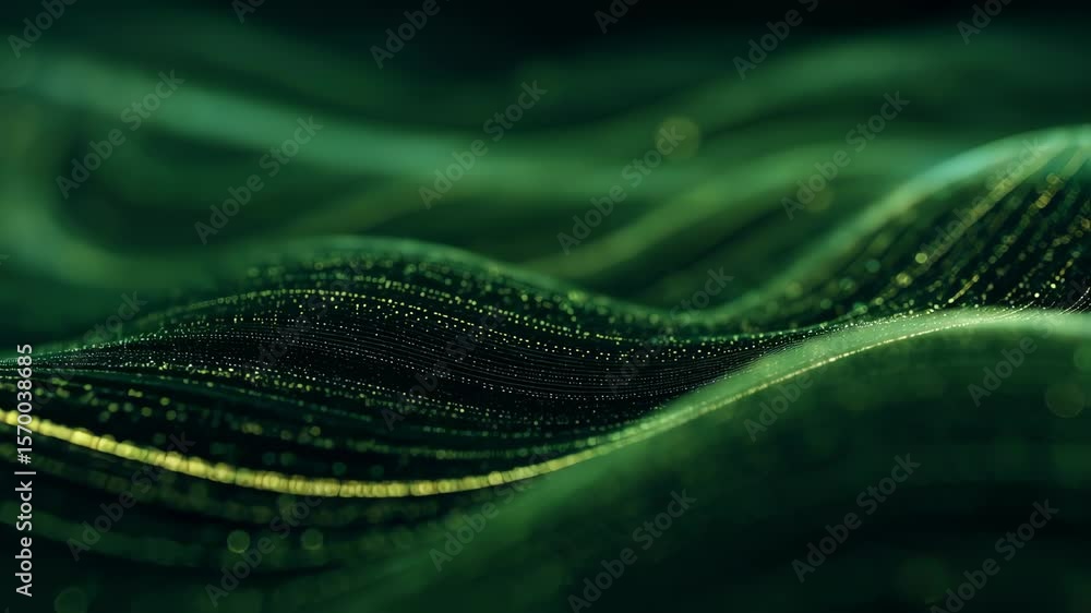 Poster abstract green waves flow gracefully, illuminated by shimmering particles. the fluid motion and vibr