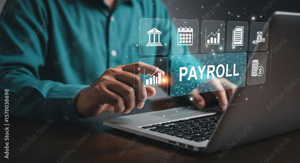 Poster person using laptop with payroll interface and financial icons overlaid on the screen display setup