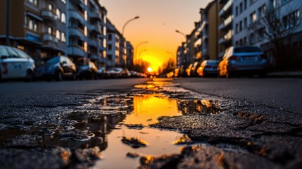 A city street at sunset, with warm light reflecting in a puddle between rows of parked cars and apartment buildings