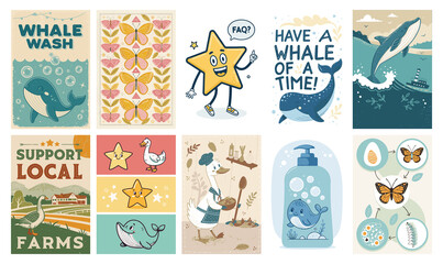 Vintage Poster Collection with Nature and Animal Illustrations isolated on transparent background