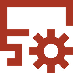 Red file structure icon with gear symbol representing settings and configuration options shown here clearly