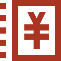 Red square containing a white yen symbol with horizontal bars and a red border design element