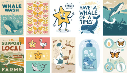 Vintage Poster Collection with Nature and Animal Illustrations isolated on transparent background