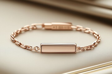 Rose Gold Minimalist Bar Bracelet With Delicate Chain On Beige Fabric Background