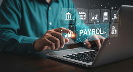 Person using laptop with payroll interface and financial icons overlaid on the screen display setup