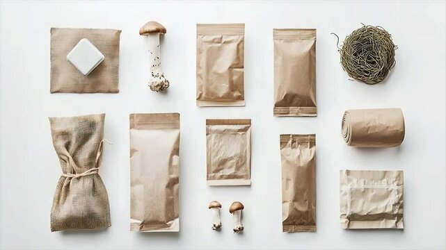 Eco-friendly packaging mockup featuring kraft paper pouches, burlap sacks, and natural elements