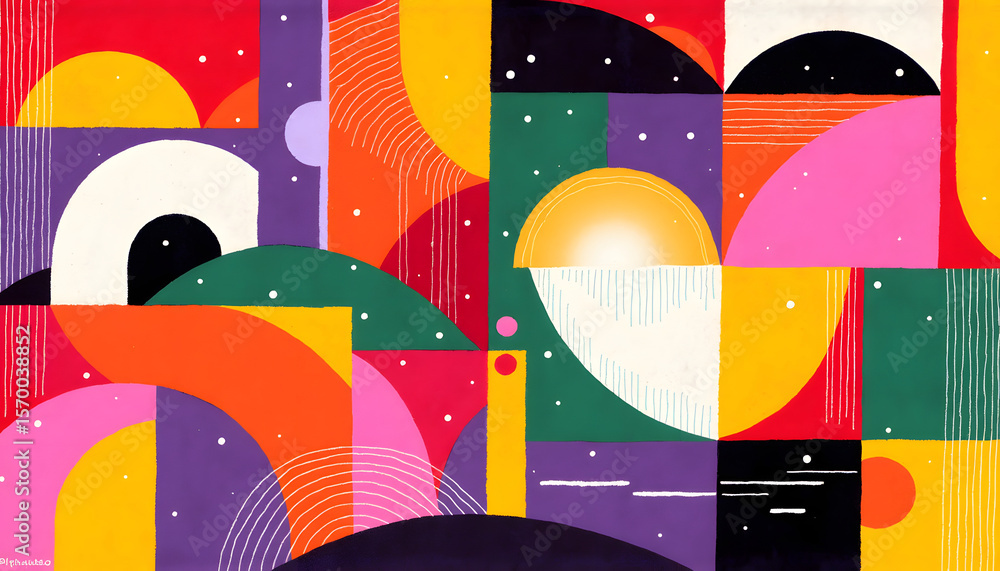 Poster abstract geometric art with vibrant colors and dynamic shapes, creating a bold composition.