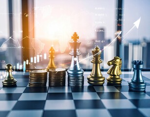 Chess pieces on a board with financial data overlay