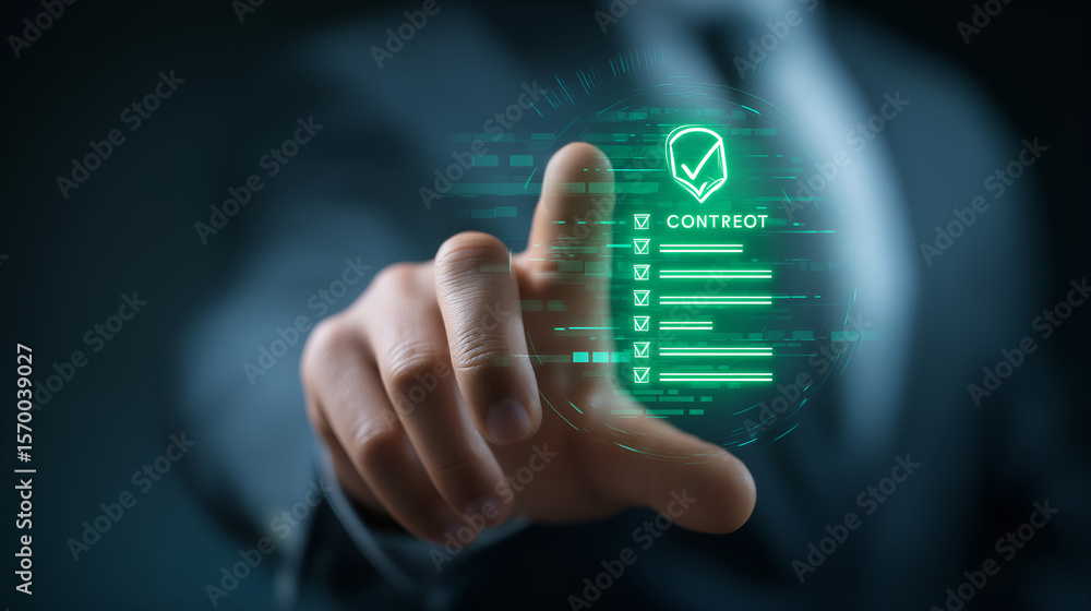 Poster cybersecurity integrity: a hand interacts with a digital interface showcasing security features, ill