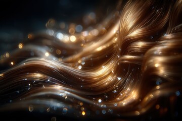 Stunning wavy golden hair illuminated by soft light with sparkling highlights in a dark background