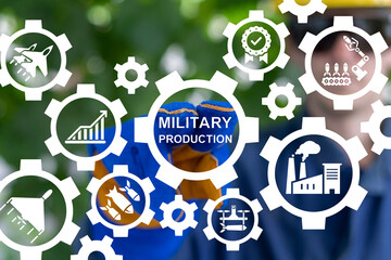 Industrial operator using virtual touch screen presses the inscription: MILITARY PRODUCTION....