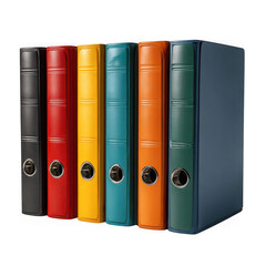 Assortment of colorful ring binders with white label holders isolated on transparent background
