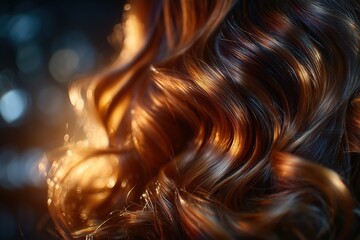 Beautifully styled wavy hair illuminated by soft light highlighting curls and shine in a vibrant setting