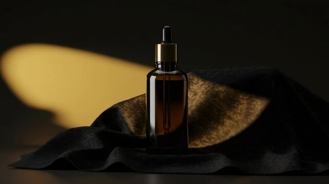 Elegant dark amber glass dropper bottle on dark fabric