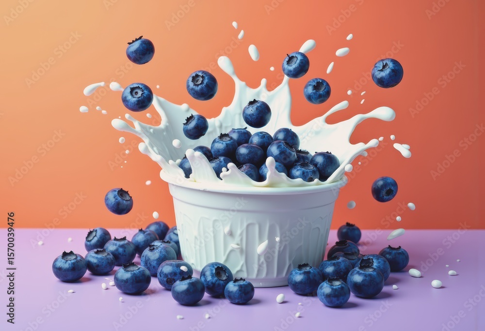 Poster blueberries bursting from a yogurt container with creamy splashes
