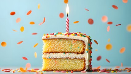 Celebrate birthday with delicious cake slice and candle with colorful confetti falling