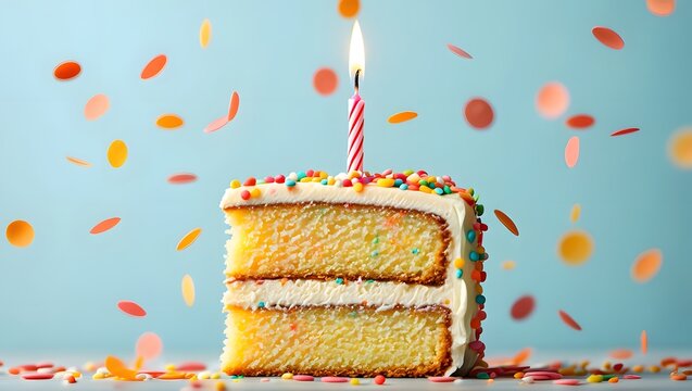 Celebrate birthday with delicious cake slice and candle with colorful confetti falling