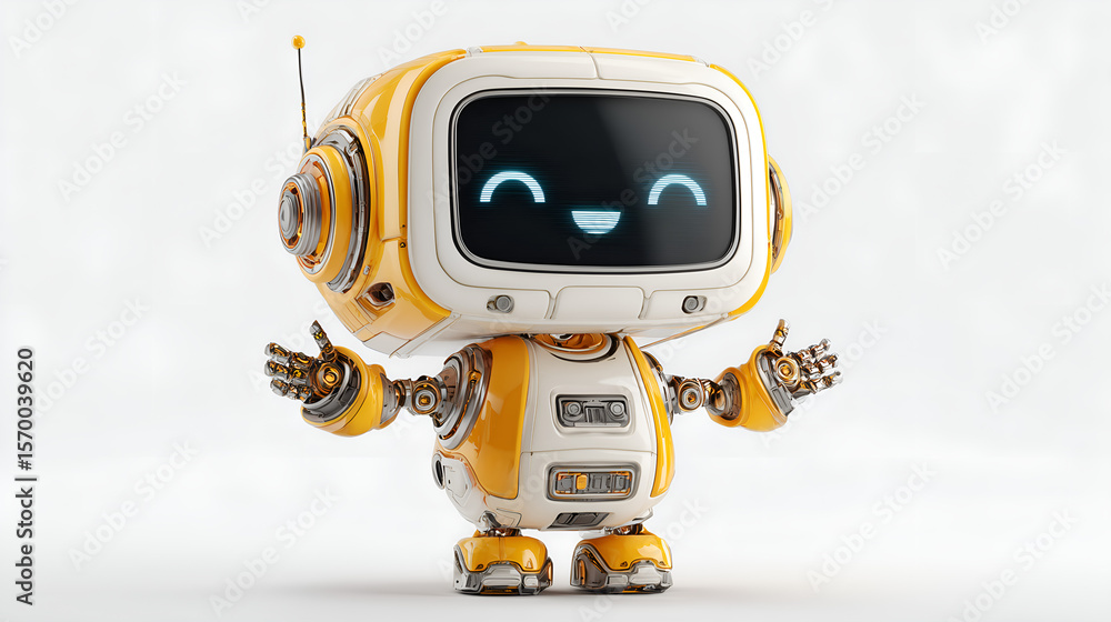Poster cheerful robot: a friendly, futuristic robot, with a glowing face and open arms. the robot features 