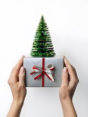 Silver christmas gift box in girl's hands on white background