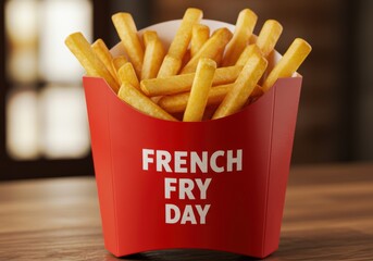 French Fry Day Text on Packaging, a fast food container with a simple message for the holiday on July 11th
